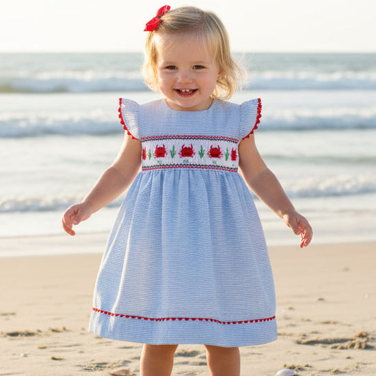 Smocked Crabs Blue Striped Girl Dress (Babies & Toddlers) - 5Y Smocked Crabs Blue Striped Girl Dress (Babies & Toddlers) - 5Y