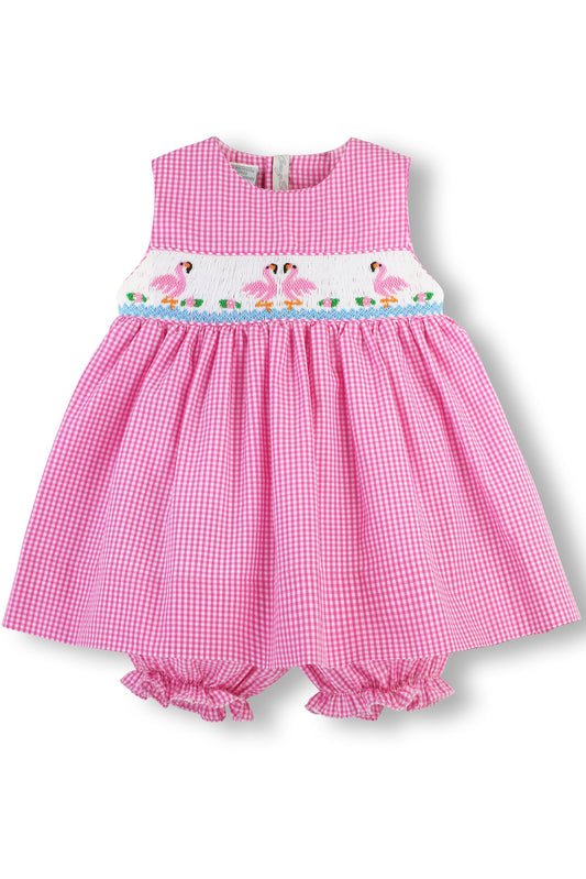 Hand Smocked Flamingos Baby Girl Sleeveless Dress