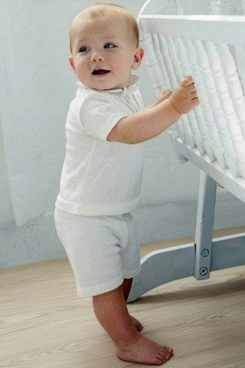 Baby Boy Knit Christening & Baptism Outfit White Short Set