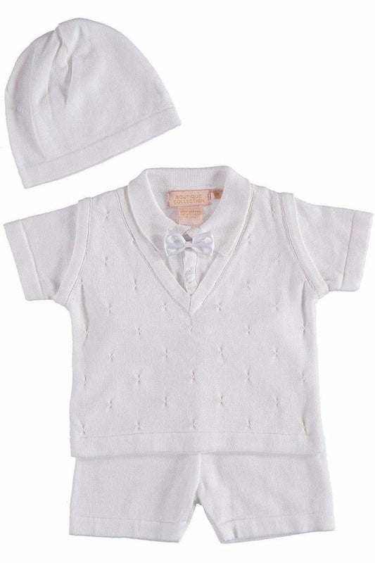 Baby Boy Knit Christening & Baptism Outfit White Short Set 2