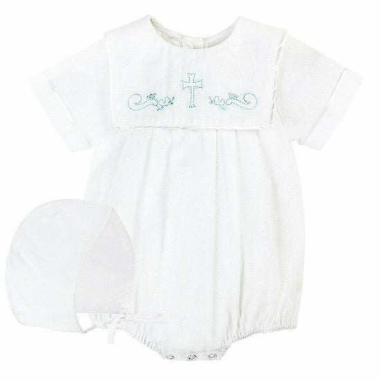 Baby Boy Baptism Bubble Hand Embroidered Cross with Bonnet - 2