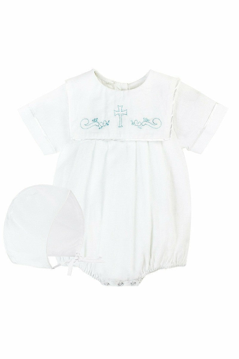 Baby Boy Baptism Bubble Hand Embroidered Cross with Bonnet - 2
