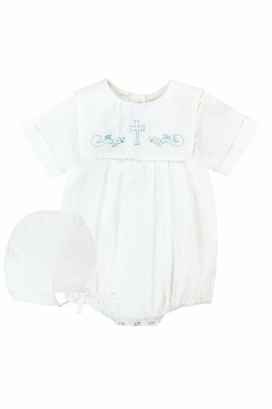 Baby Boy Baptism Bubble Hand Embroidered Cross with Bonnet - 2