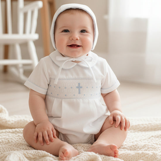 White Smocked Cross Romper Baby Boy Christening Outfit Carriage Boutique White Smocked Cross Romper Baby Boy Christening Outfit Carriage Boutique