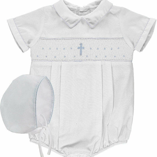 Baby Boy Christening & Baptism Outfit Smocked Cross Bubble with Bonnet 2