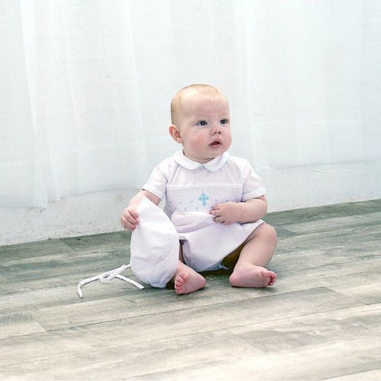 Baby Boy Christening & Baptism Outfit Smocked Cross Bubble with Bonnet