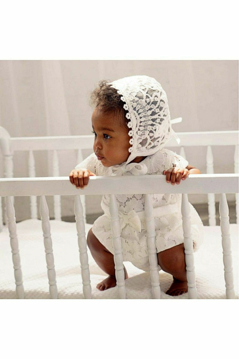 Baby Girl Christening Bubble Romper Outfit with Bonnet 3