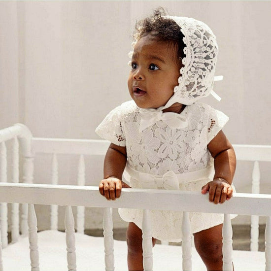 Baby Girl Christening Bubble Romper Outfit with Bonnet
