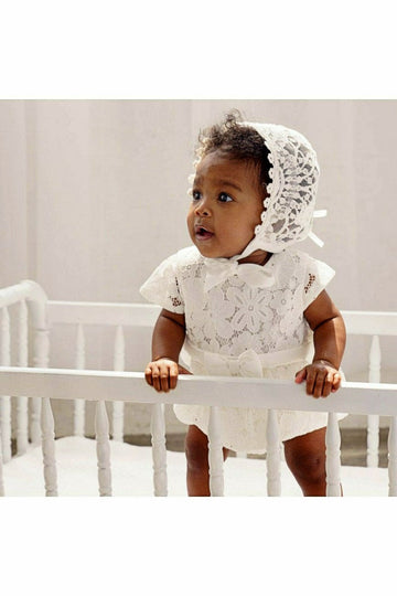 Baby Girl Christening Bubble Romper Outfit with Bonnet