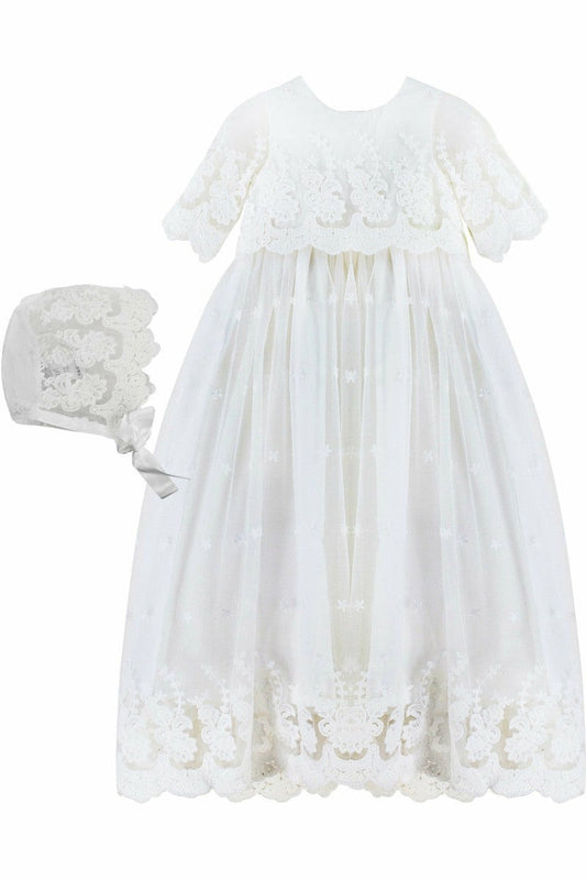 Baby Girl Christening Gown Star Lace with Bonnet 2