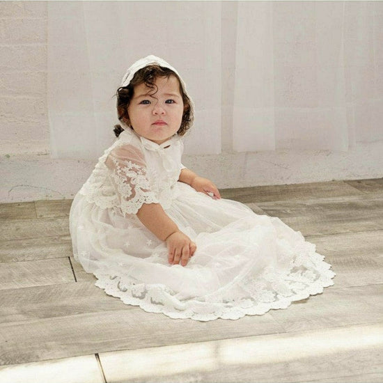 Baby Girl Christening Gown Star Lace with Bonnet Carriage Boutique Baby Girl Christening Gown Star Lace with Bonnet Carriage Boutique
