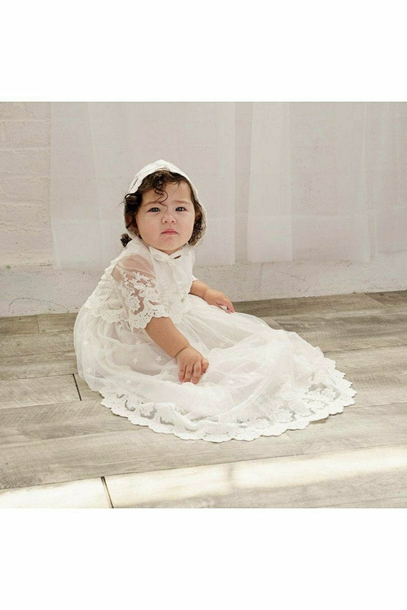 Baby Girl Christening Gown Star Lace with Bonnet Carriage Boutique Baby Girl Christening Gown Star Lace with Bonnet Carriage Boutique