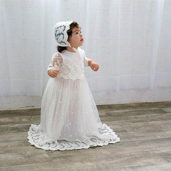 Baby Girl Christening Gown Star Lace with Bonnet - 9M Baby Girl Christening Gown Star Lace with Bonnet - 9M