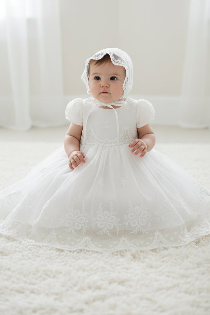 open lace back dress Baby Girl White Princess Christening Lace Gown - with Matching Bonnet