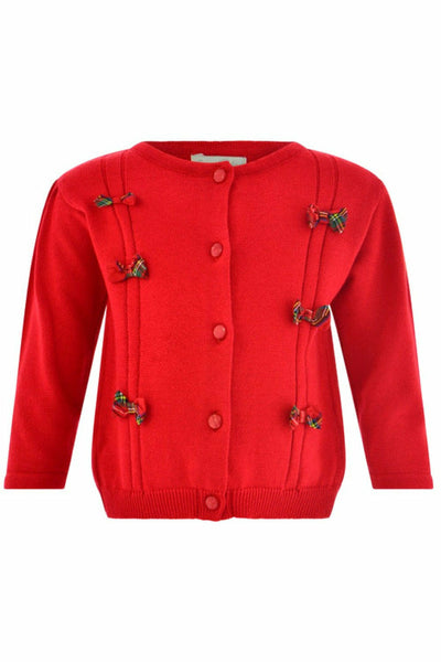 Girls Red Knitted Sweater with Plaid Bows - Carriage Boutique
