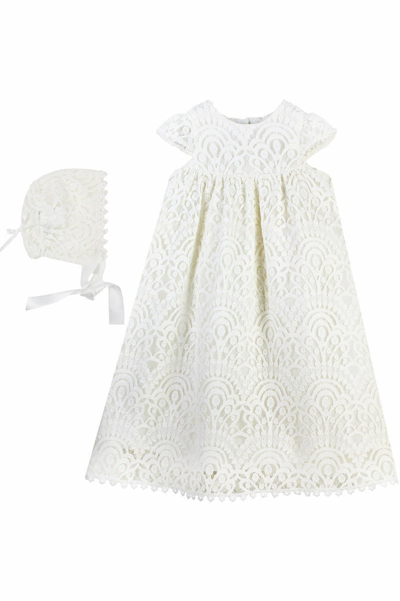 Elegant Lace Christening & Baptism Gown with Bonnet 2