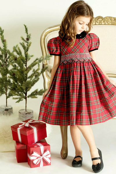 Girl in Red Plaid Party Short Sleeve Yoke Dress - Carriage Boutique
