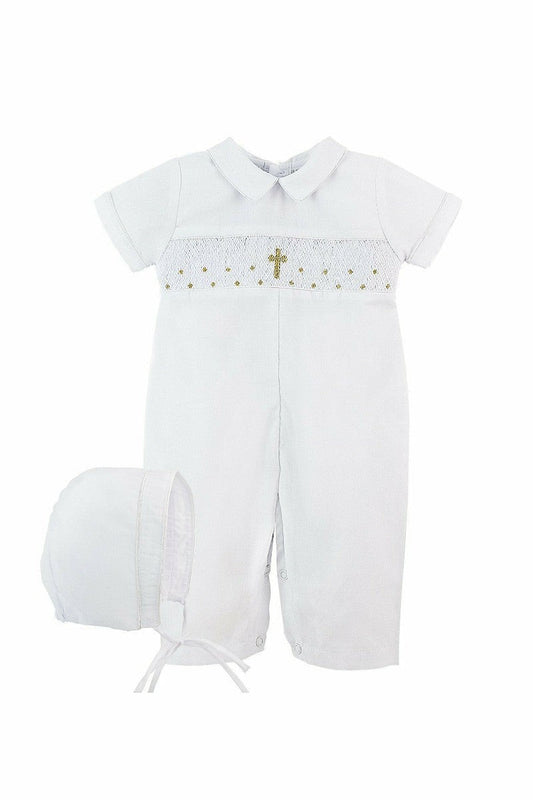 Hand Smocked Cross Longall Baby Boy Christening Outfit with Bonnet - Carriage Boutique