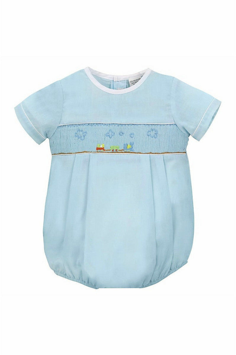Baby Boy Bubble Romper with Hat - Blue Train 2  - Carriage Boutique