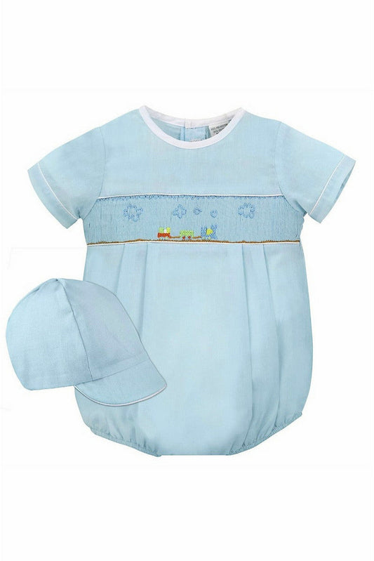 Baby Boy Bubble Romper with Hat - Blue Train