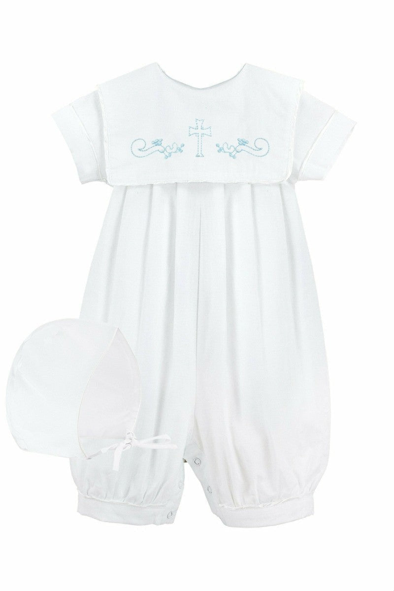 Long Romper Embroidered Cross Baby Boy Christening Outfit  - Carriage Boutique