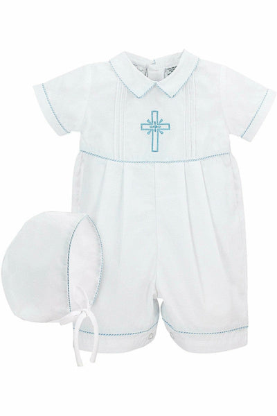 Baby Boy Christening Embroidered Cross Shortall - Carriage Boutique