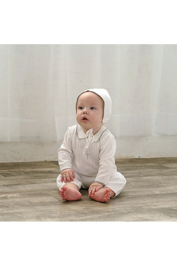 Knit Pearl Silver Cross Baby Boy Christening Outfit with Bonnet 5 - Carriage Boutique