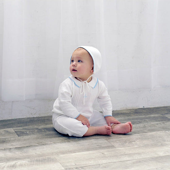 Baby Boy Knit Pearl Blue Baptism Outfit Bonnet – Carriage Boutique