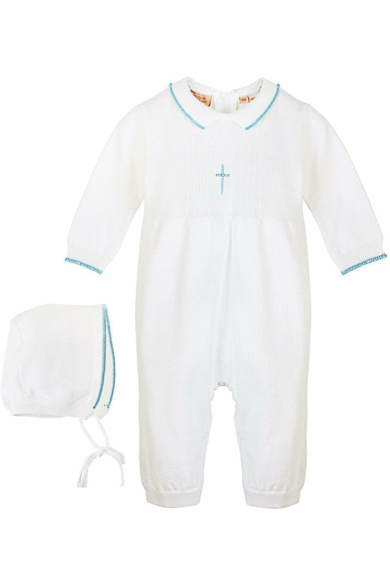 Baby Boy Christening Knit Blue Pearl Cross Outfit with Bonnet - Carriage Boutique