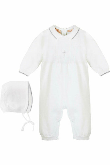 Knit Pearl Silver Cross Baby Boy Christening Outfit with Bonnet - Carriage Boutique