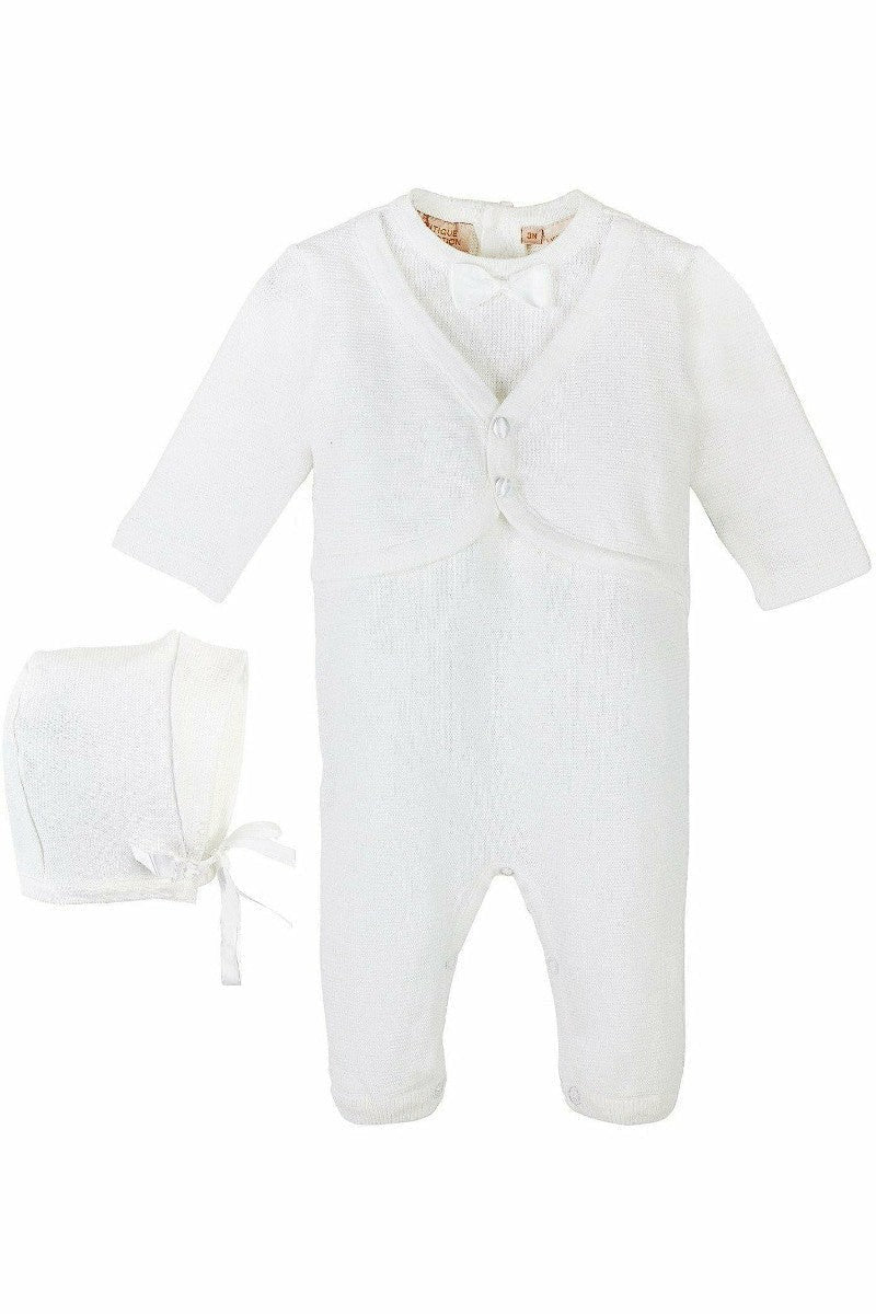 Baby Boy Christening Outfit with Attached Vest and Matching Bonnet - Carriage Boutique