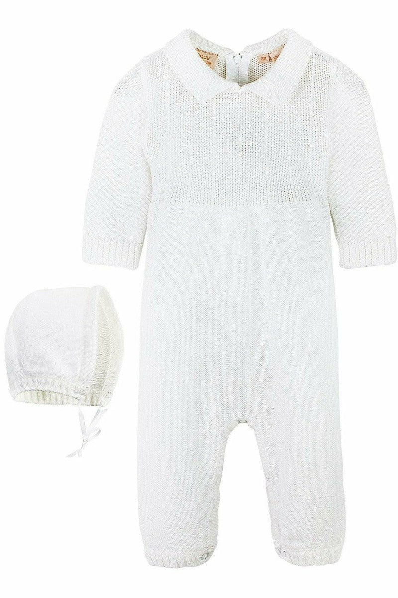 Baby Boy Christening Outfit with Bonnet - Cross Detail 2 - Carriage Boutique