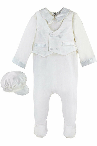 Baby Boy Christening & Baptism Silk Vest Footie Pajama with Hat - Carriage Boutique