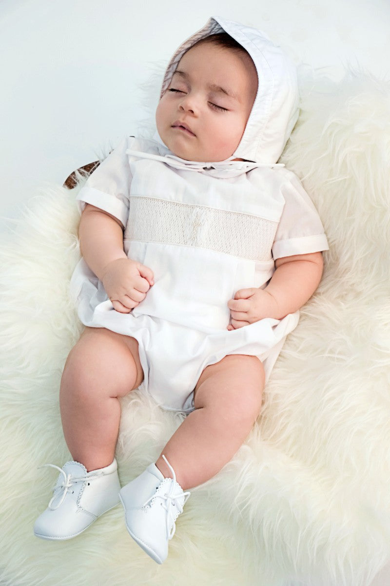 Smocked Cross Baby Boy Christening Romper 2 - Carriage Boutique