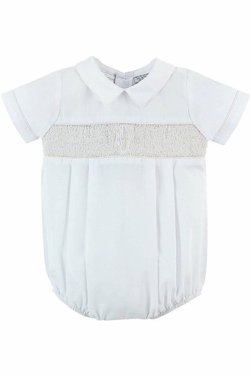 Smocked Cross Baby Boy Christening Romper 3  - Carriage Boutique