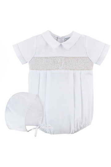 Smocked Cross Baby Boy Christening Romper - Carriage Boutique