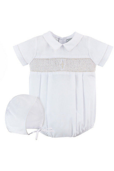 Smocked Cross Baby Boy Christening Romper - Carriage Boutique