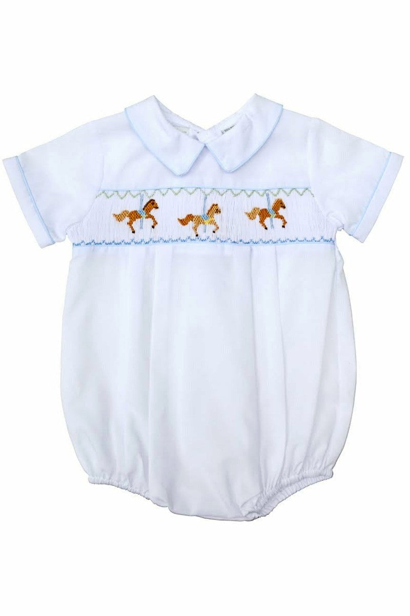 Hand Smocked Classic Baby Boy Bubble Romper - White Carousel - Carriage Boutique