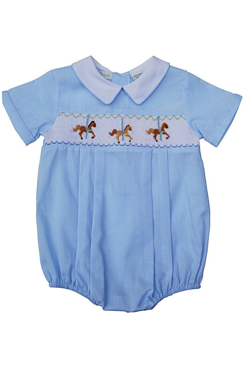 Hand Smocked Classic Baby Boy Bubble Romper - Blue Carousel - Carriage Boutique
