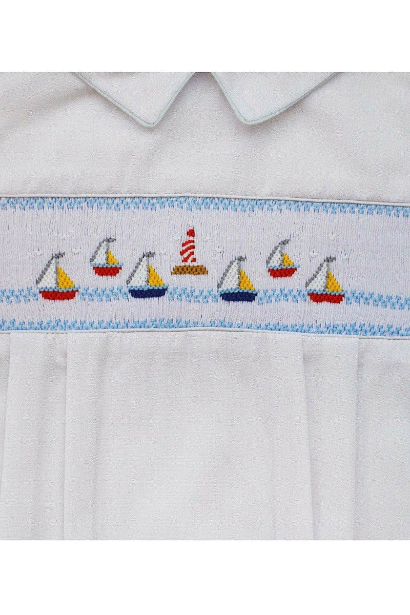 Hand Smocked Classic Baby Boy Bubble Romper - Mini Sail Boats 2 - Carriage Boutique