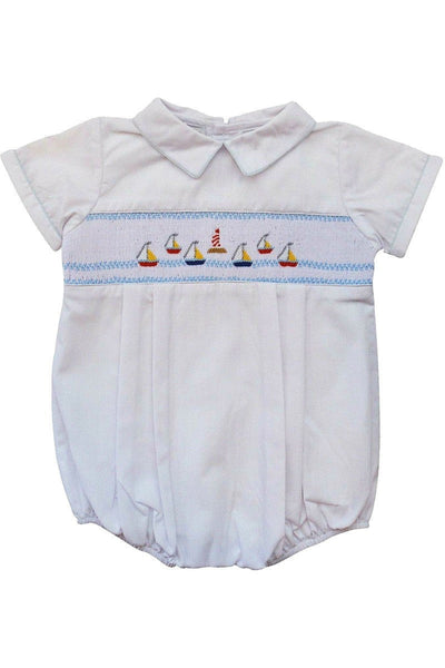 Hand Smocked Classic Baby Boy Bubble Romper - Mini Sail Boats - Carriage Boutique