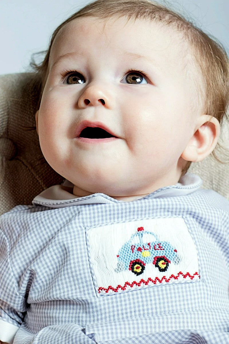Hand Smocked Baby Boy Bubble Romper - Police Car Embroidery 4 - Carriage Boutique