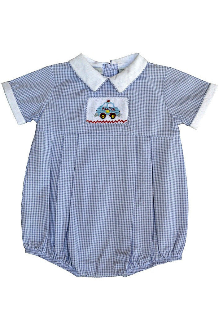 Hand Smocked Baby Boy Bubble Romper - Police Car Embroidery - Carriage Boutique