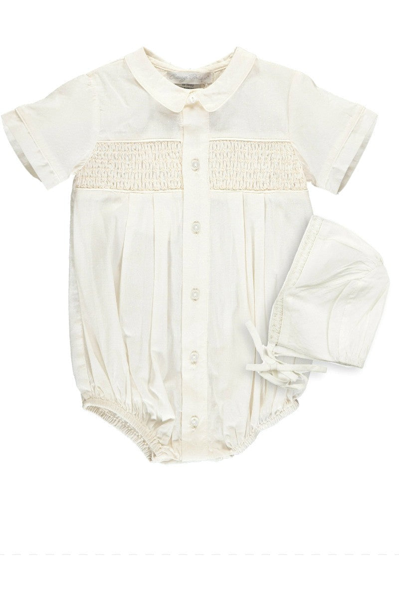 Hand Smocked Special Occasion Baby Boy Romper with Bonnet