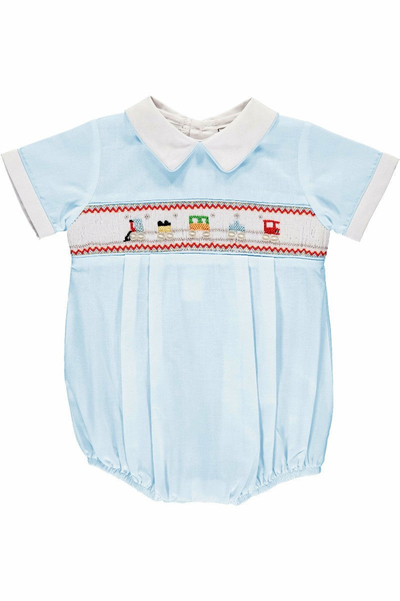 Hand Smocked Baby Boy Bubble Romper - Smocked Trains - Carriage Boutique
