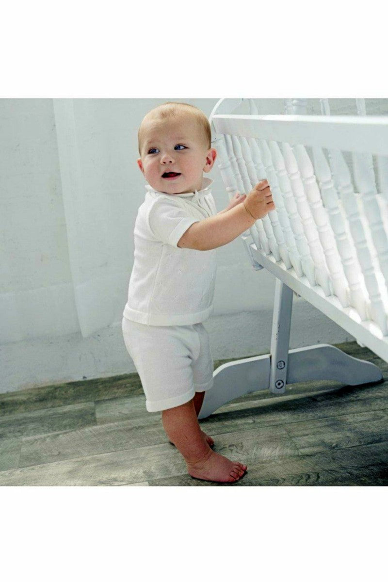 Baby Boy Knit Outfit White Short Set 3 - Carriage Boutique