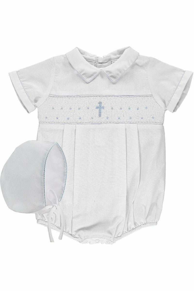 White Smocked Cross Romper Baby Boy Christening Outfit with Bonnet - Carriage Boutique