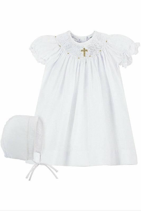 Hand Smocked Baby Girl Christening Dress with Bonnet - Carriage Boutique