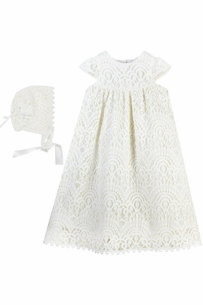 Elegant Lace Christening Gown with Bonnet- Carriage Boutique