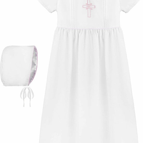 Baby Girl Christening Gown Pink Embroidered Cross with Bonnet 2
